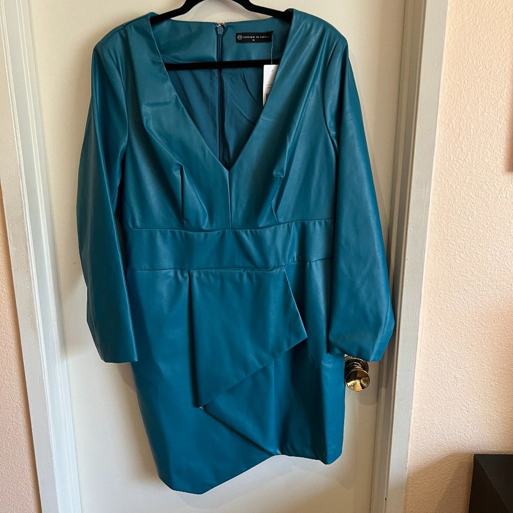 NWT Fashion To Figure Aimee Faux Leather Ruffle Detail Dress Teal Size 0 Size XL